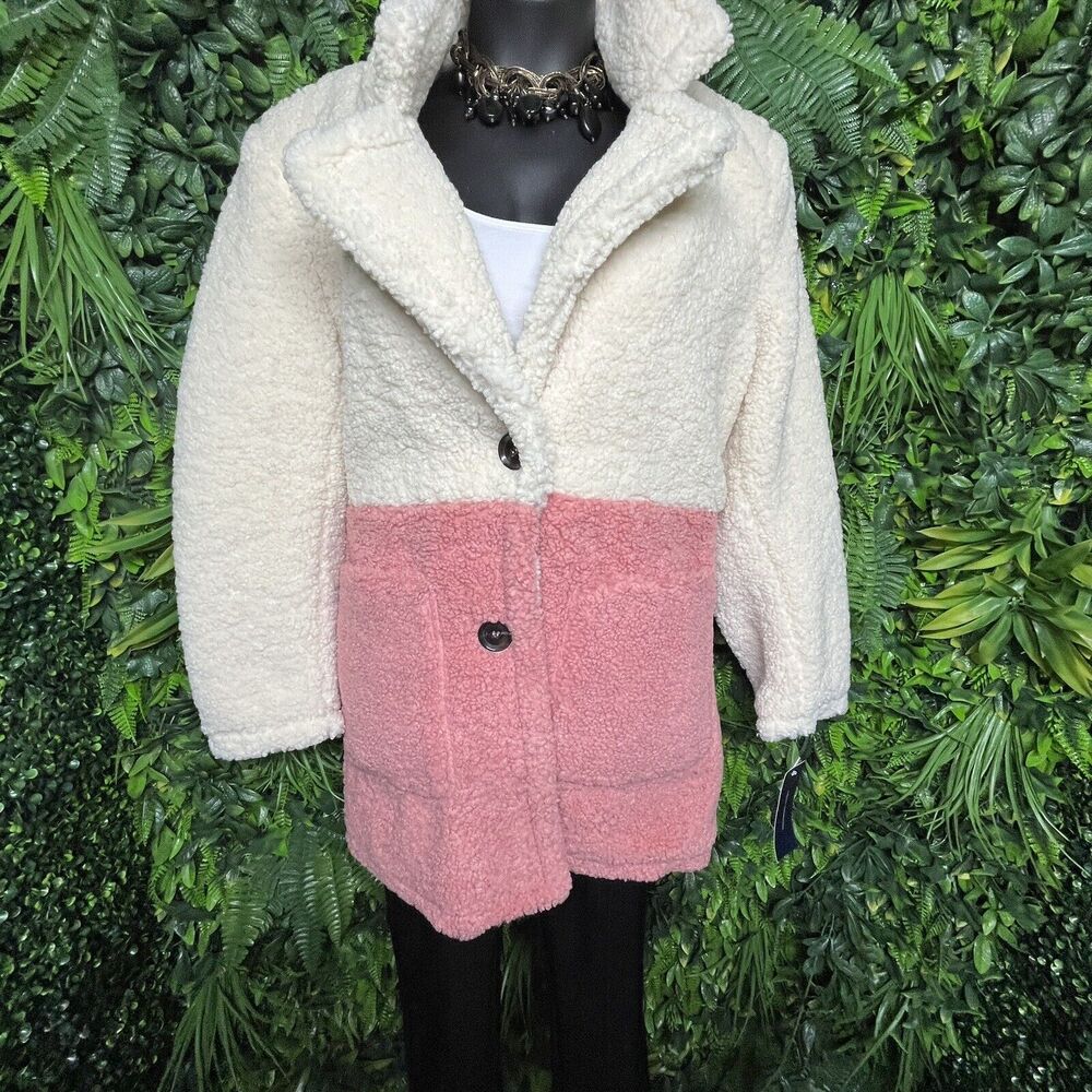 FRENCH CONNECTION Women Jacket XL Blazer Cream Pink Teddy Fleece Faux Fur NWT - Picture 4 of 10